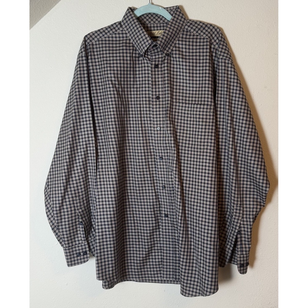 Gold Label Roundtree & Yorke Mens XL Non Iron Cotton Dress Shirt Tan Navy Check
